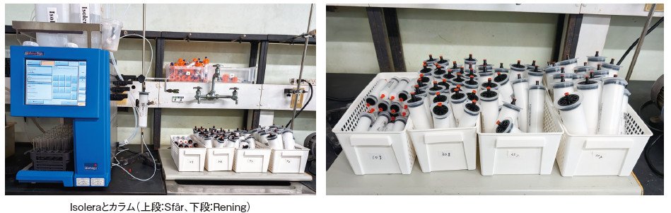 左：Isoleraとカラム（上段：Sfär、下段：Rening），右：Reningカラムのストック。サイズごとに分類されている。