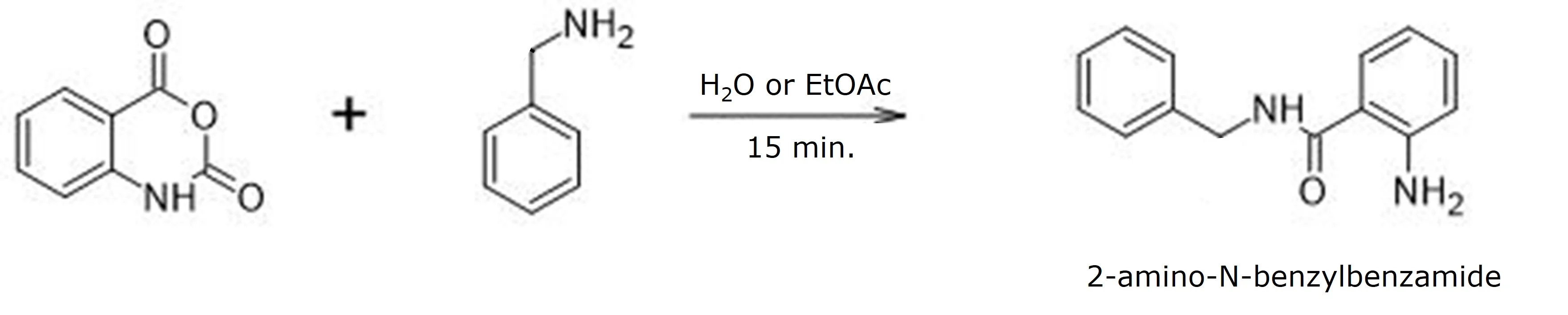Figure 1. Reaction of isatoic anhydride with benzylamine produced 2-amino-N-benzylbenzamide. Solvents used were either water or EtOAc. Temperatures varied from 75 °C to 200 °C.