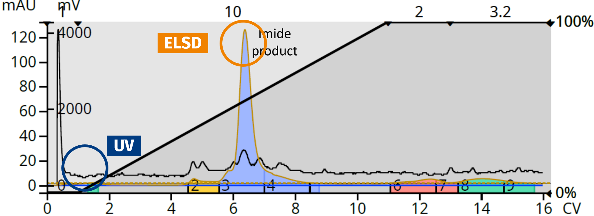 Imide reaction mixture flash purification with a heptane/ethyl acetate gradient. ELSD improved product detection compared to UV detection only.